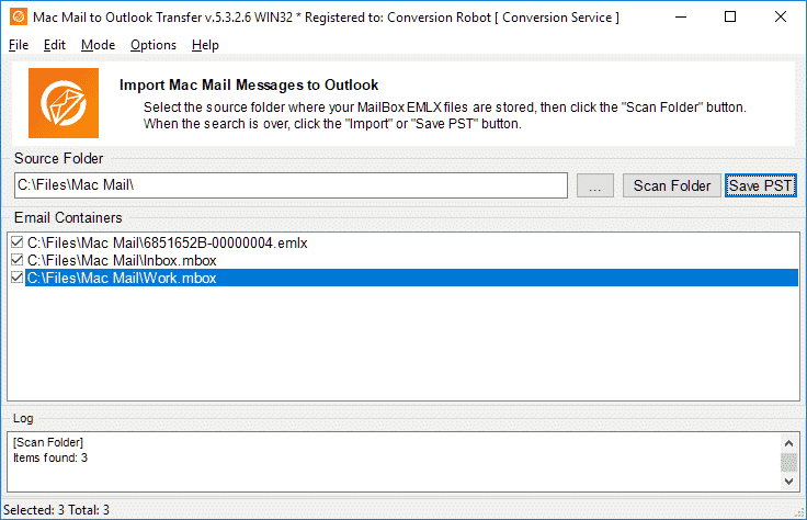 Mac Mail to PST conversion tool screenshot.