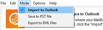 menu Mode - optie Importeren in Outlook