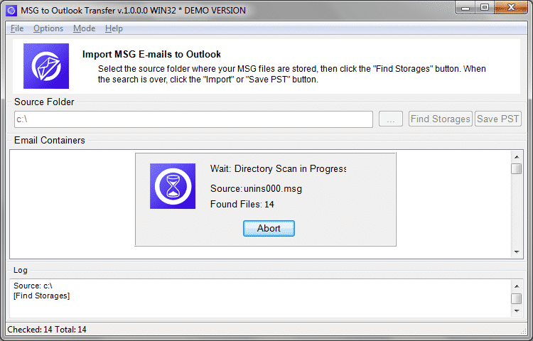 Търсене на MSG файлове и сканиране на структурата на папките за Outlook конверсия