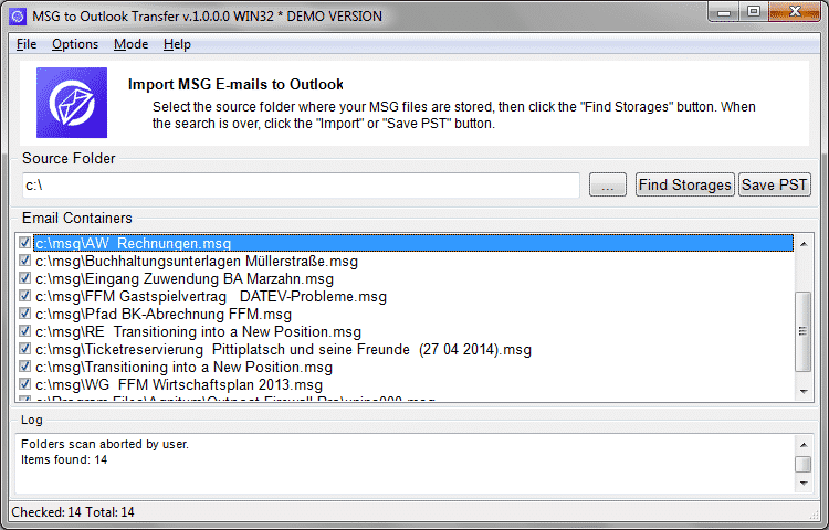 MSG file e cartelle sono pronte essere convertito in MS Outlook