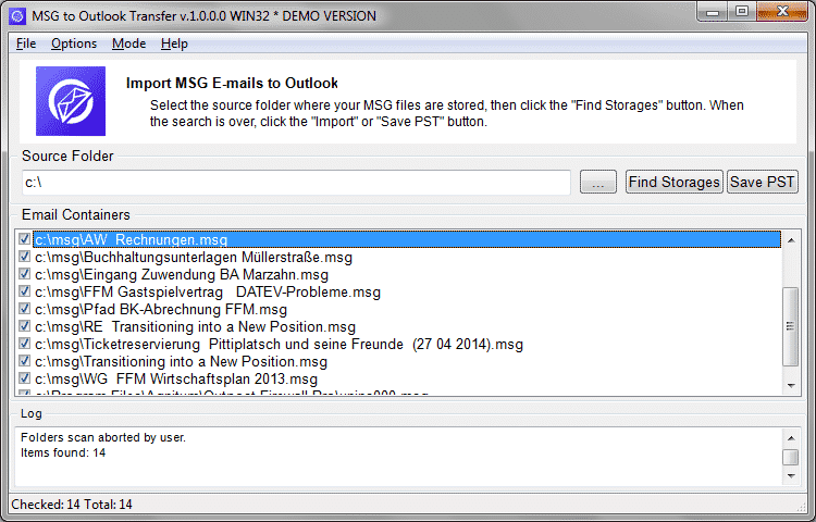 MSG files and folders are ready to be converted to MS Outlook