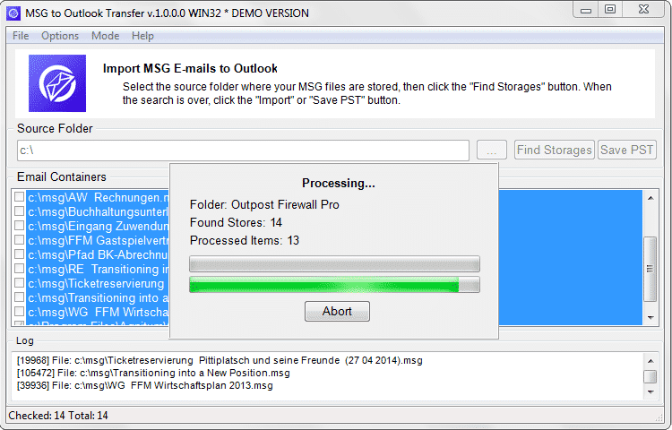 MSG de conversión de Outlook en progreso