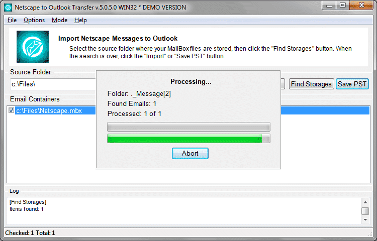 Netscape to PST conversion in progress