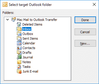 Target Outlook folder selection dialog