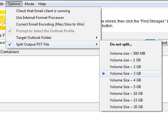 Opzione - Split File PST di uscita e la dimensione del Volume