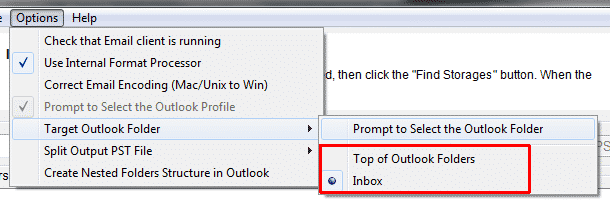 Target Outlook folder options