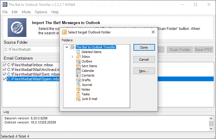Выберите целевую папку Outlook для импорта Bat! письма и папки