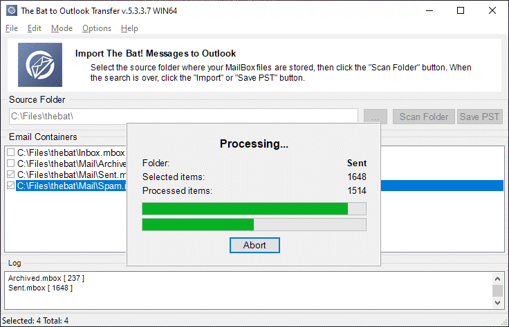 The Bat! to Outlook conversion in progress