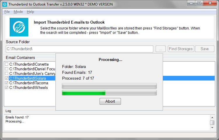 Het programma zal de kopie van Thunderbird mappen in Outlook en e-mails dienovereenkomstig te brengen