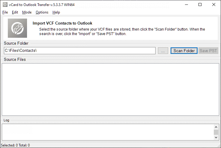 Scan бутона Папка позволява да започнете търсенето на VCF контакти