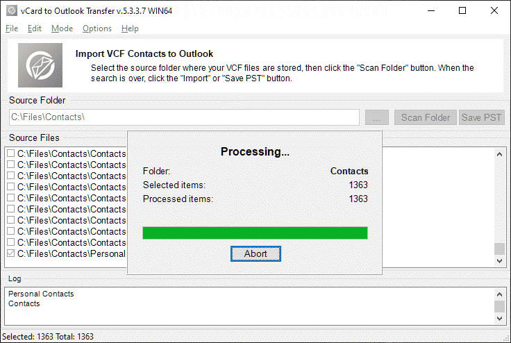 Processo di importazione di file di contatti VCF