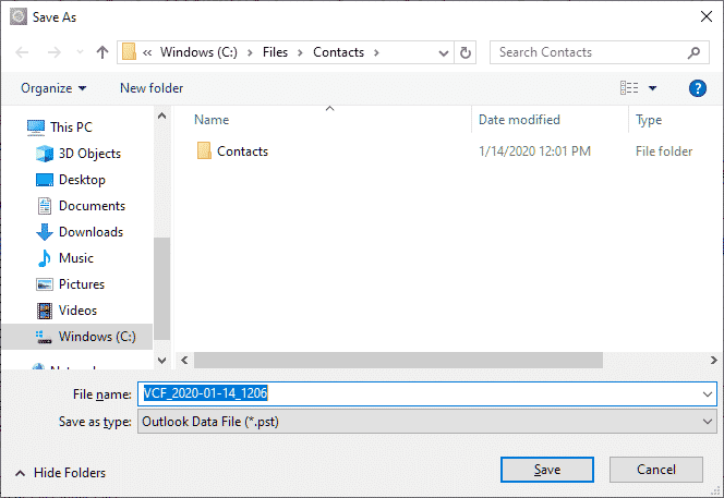 Selezionare la cartella di destinazione e il file PST anme per salvare i contatti