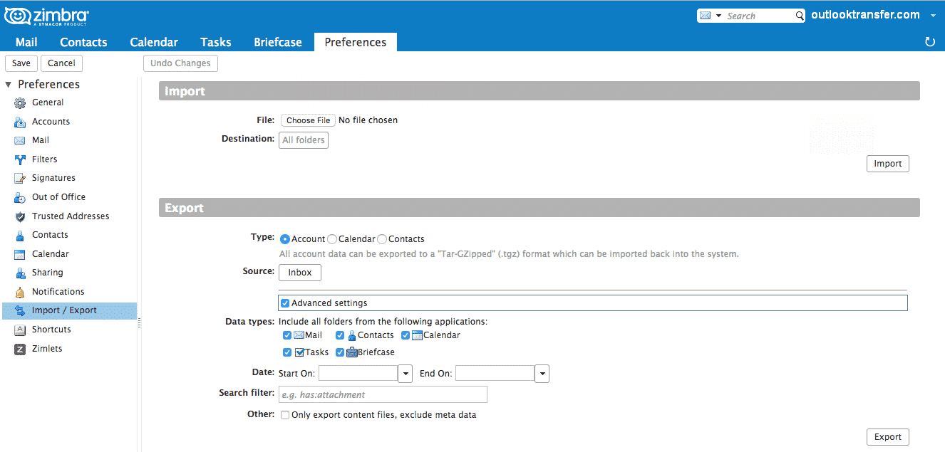 Износ Zimbra пощенска кутия, износ Zimbra MBOX