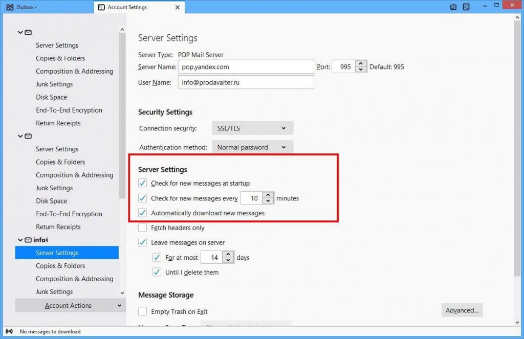 Configuração de verificação periódica de e-mail - configurações do servidor