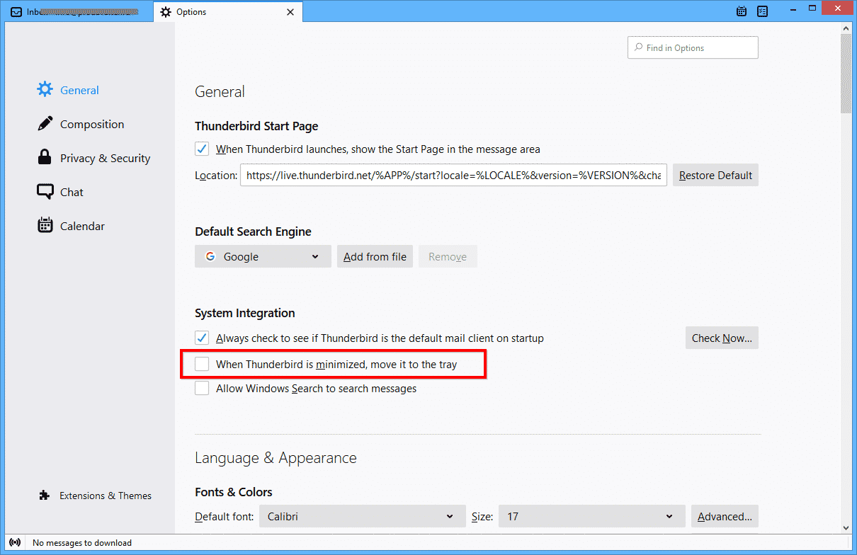 Mova o Thunderbird para a bandeja quando minimizado