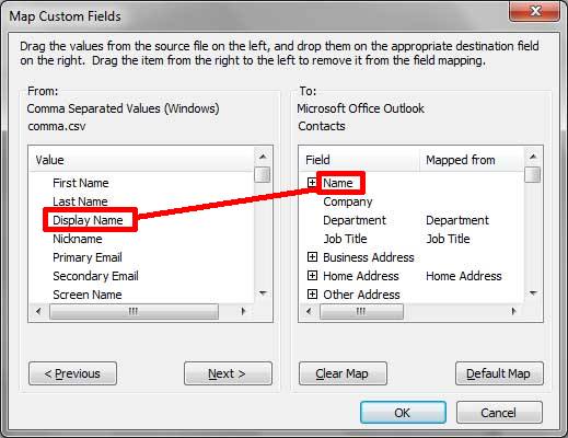 Importation de contacts - mappage des champs