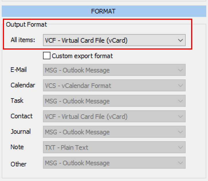 Outlook contacts export as vCard