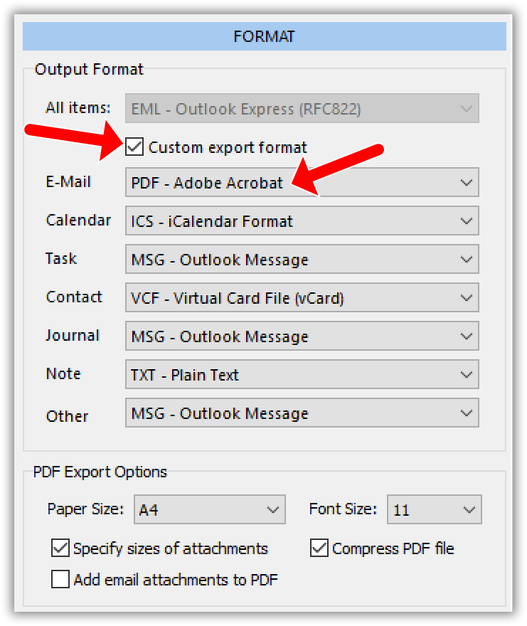 Outlook to PDF Emails saving options