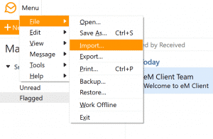 eM Client menu Bestand - Importeren