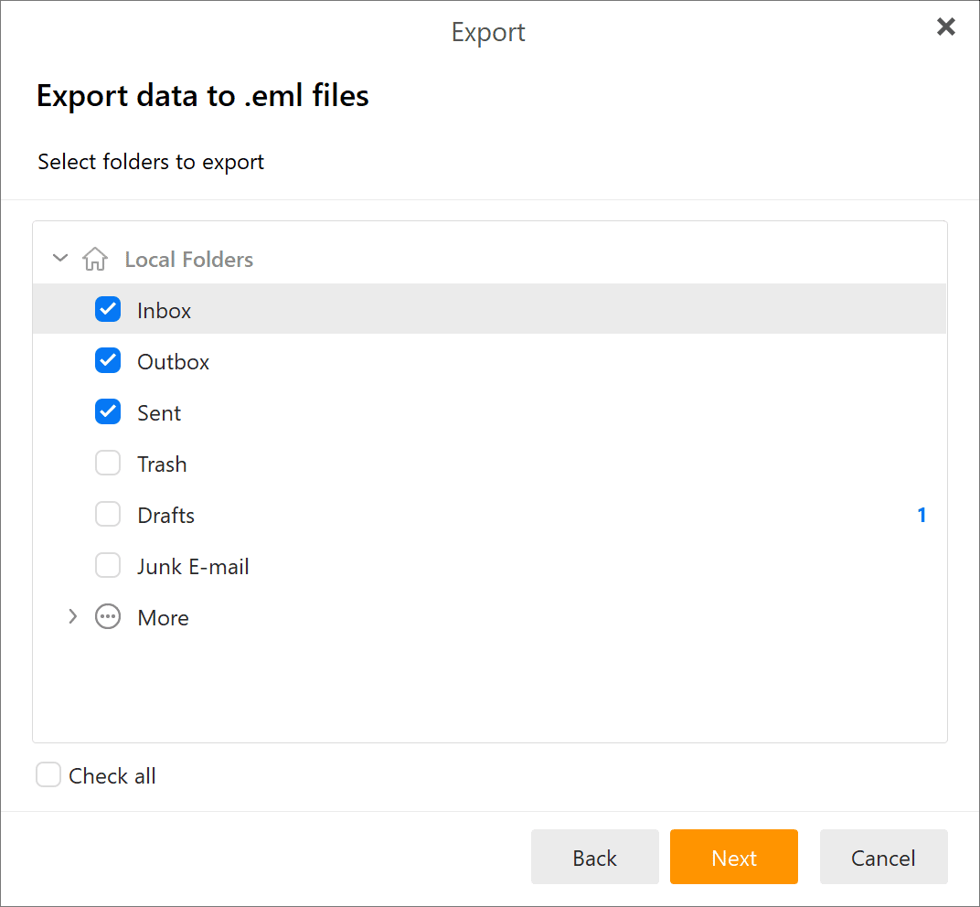 Select email folders to Export