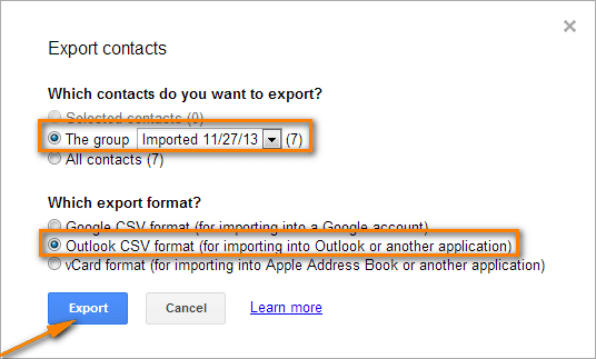 Експортирайте контактите в Gmail в CSV формат на Outlook