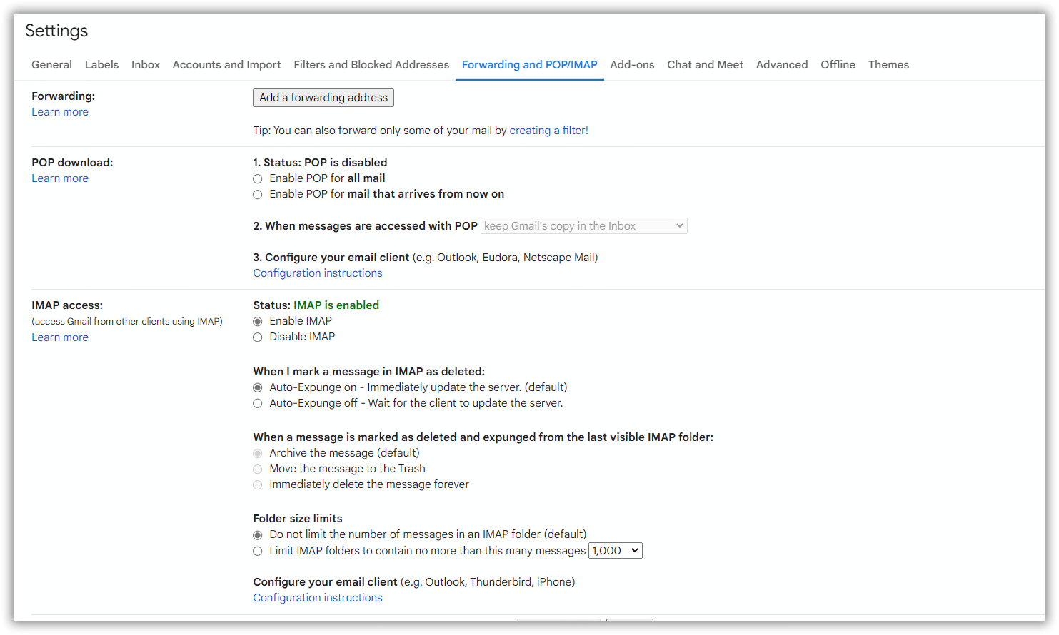 Gmail forwarding options
