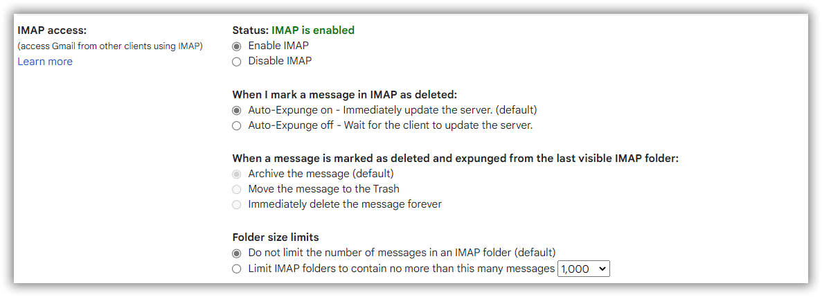 Включить доступ Gmail IMAP