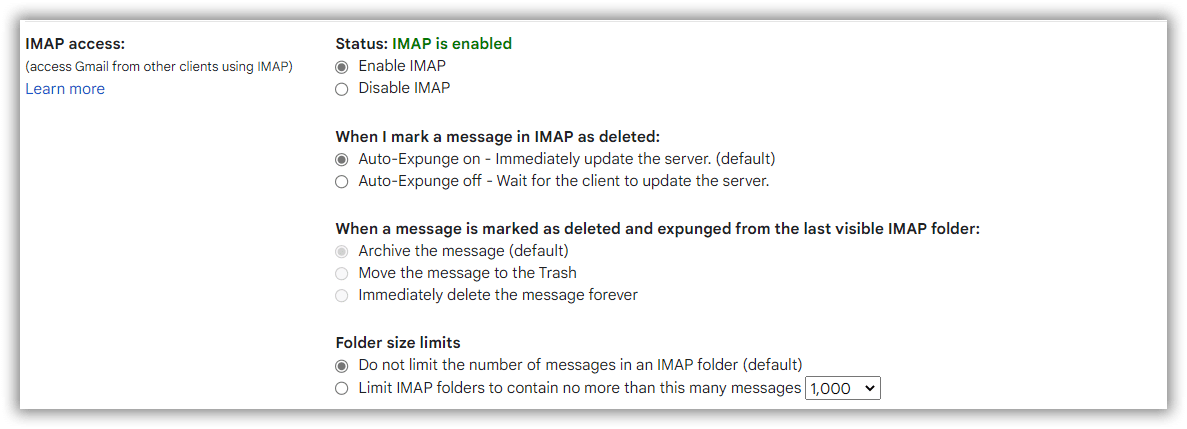 تمكين الوصول إلى Gmail IMAP