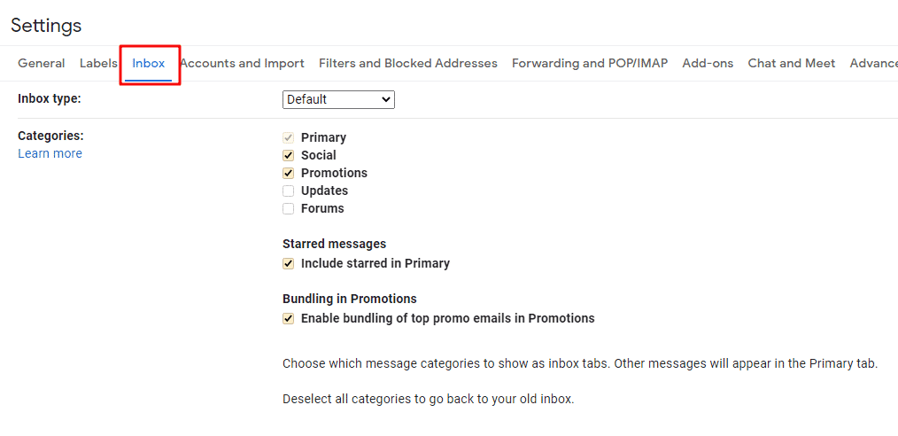 Configurações da caixa de entrada de categoria do Gmail