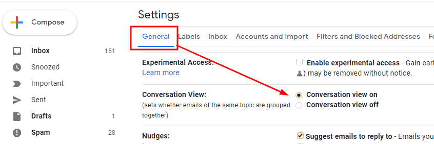 Pestaña General de conversación de Gmail