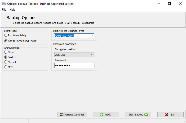 Interfaz de la caja de herramientas de copia de seguridad de Outlook