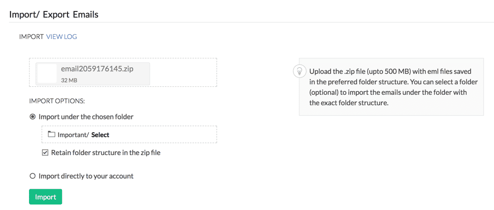 Importa file EML in Zoho