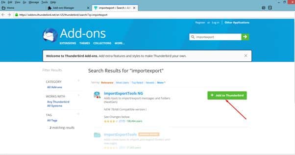 Outils d'importation et d'exportation du complément Thunderbird