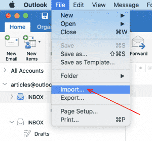 Outlook for Mac OS -valikkotiedosto > Tuonti