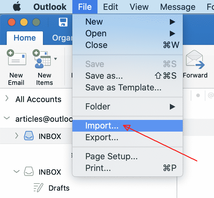 Файл меню Outlook для Mac OS > Импорт