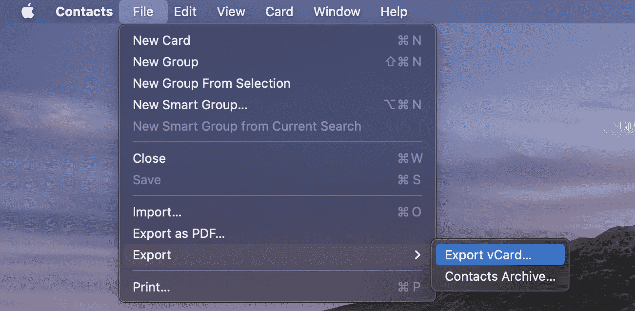 Экспорт контактов macOS в vCard