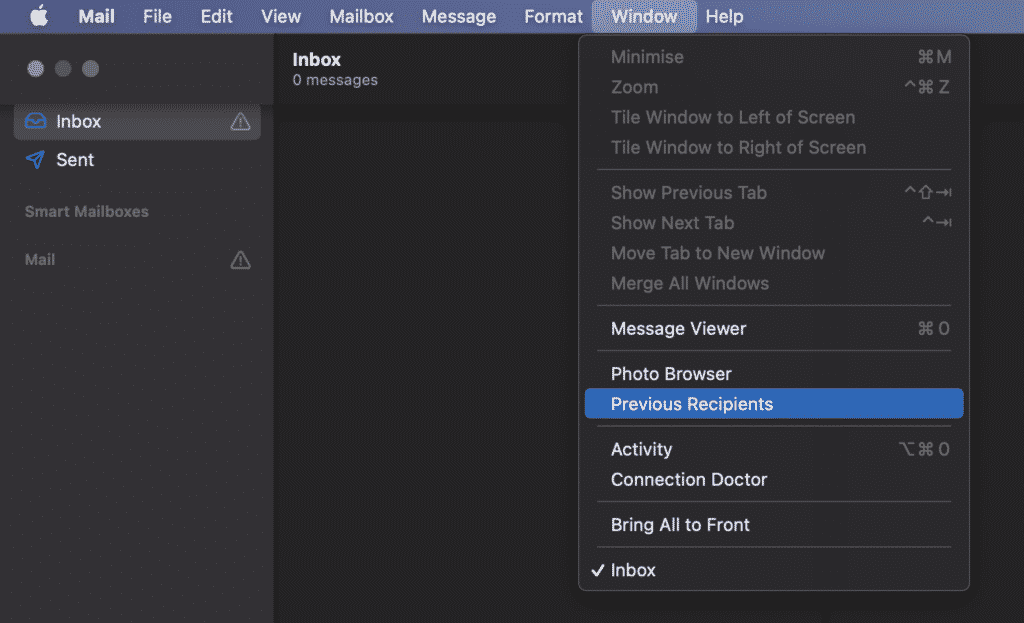 Apple Mail - menu Window - Previous Recipients