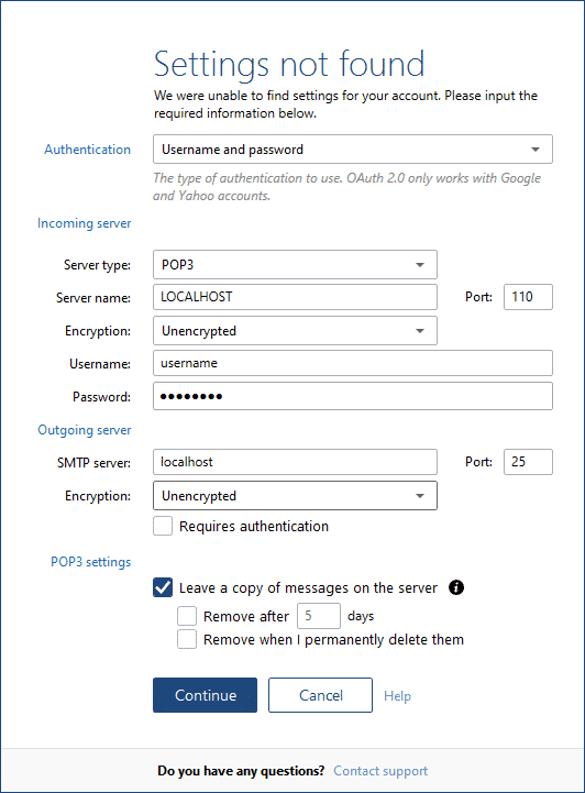 configuración de la cuenta POP3 Mailbird