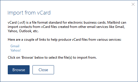 Mailbird vCard selectiedialoogvenster