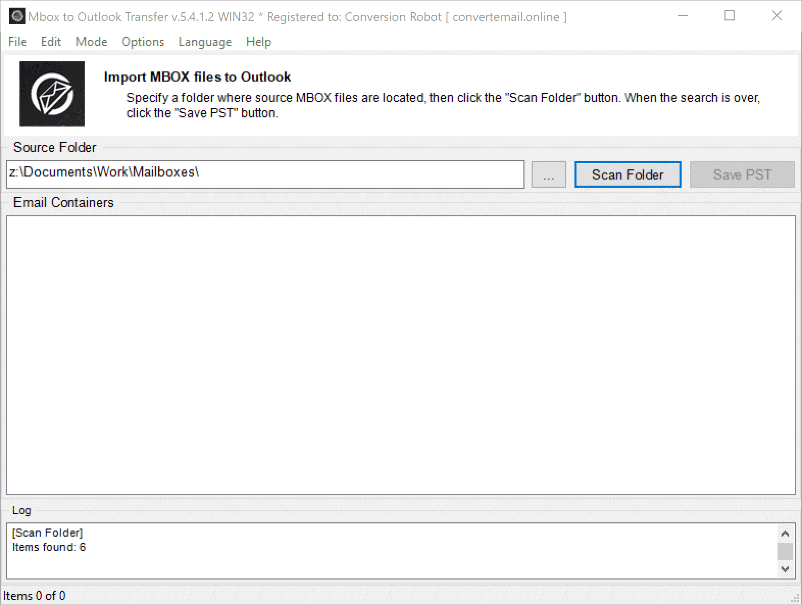 Mbox au transfert d'Outlook - sélection du dossier source