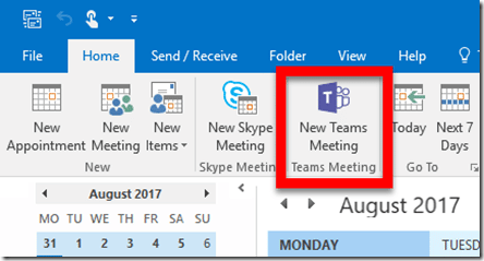 Creating new teams meeting in Outlook