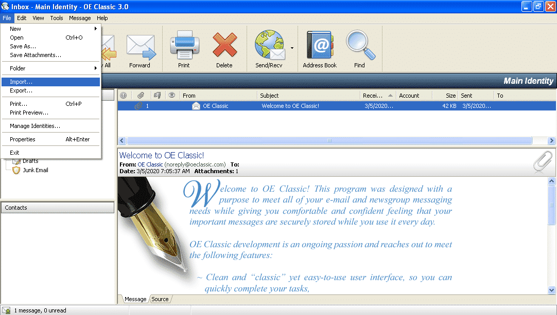 OE Classic Importa menu File