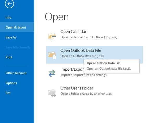 OutlookでPSTを開く