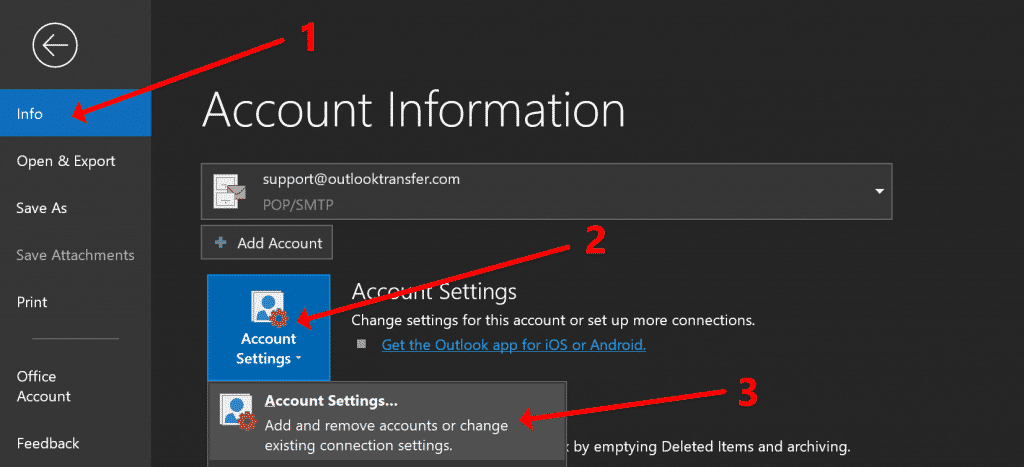 menu delle impostazioni account di Outlook