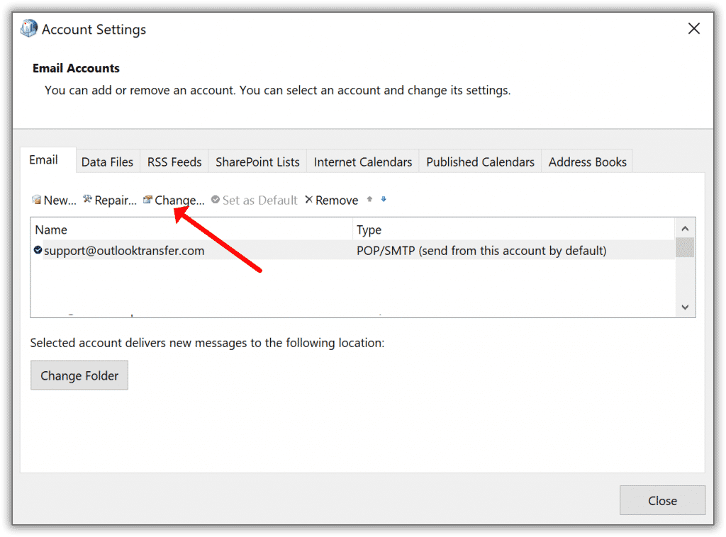 Modification des paramètres du compte Outlook