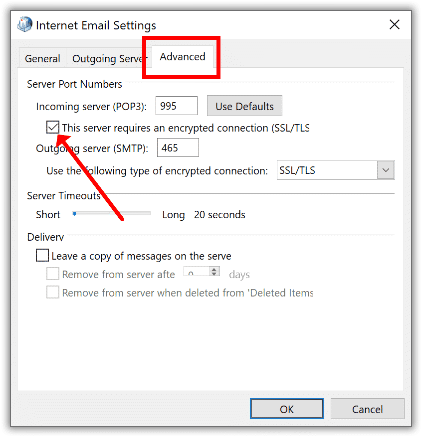 Outlook account settings SSL Encryption