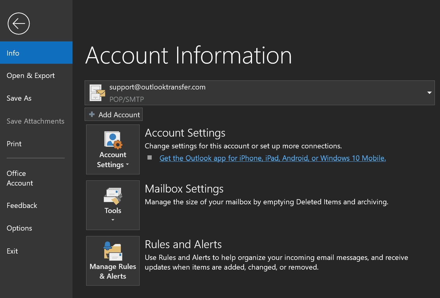 configurações de conta do Outlook