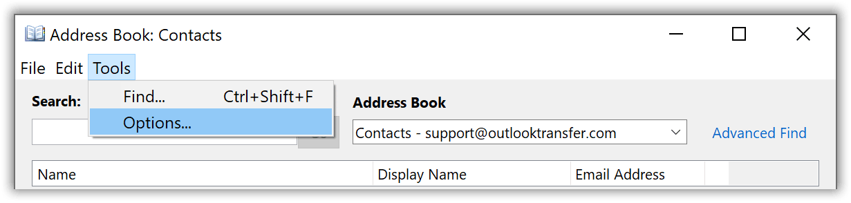 Address Book options menu