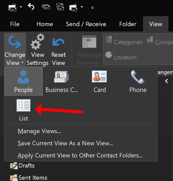 Изглед на контакти в Outlook - списък