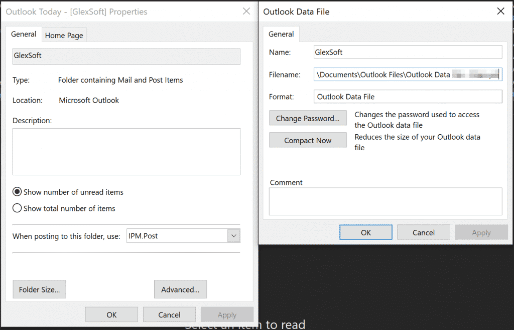 Ubicación de las propiedades del archivo de datos de Outlook